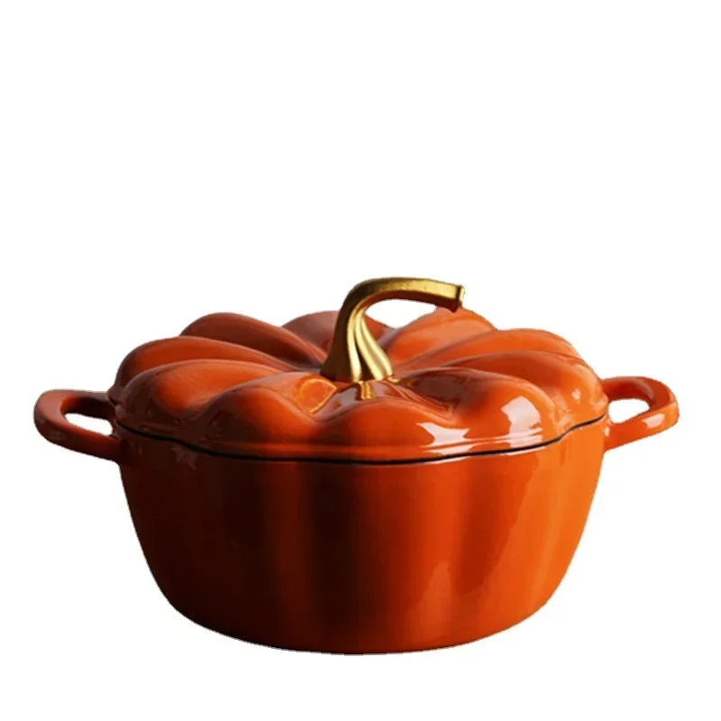 

Home Cast Iron Stew Pot 3.3L White Soup Pot Creative Pumpkin Enamel Pot Non-stick Cookware For Kitchen High Level Of Appearance