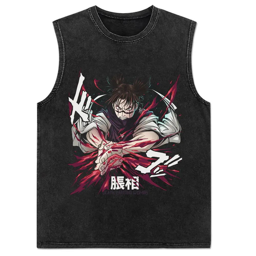 2024 New Vest Summer, Spell Back To War, Anime Printed Cotton Vest Men's Washed Retro Sleeveless T-shirt Ins