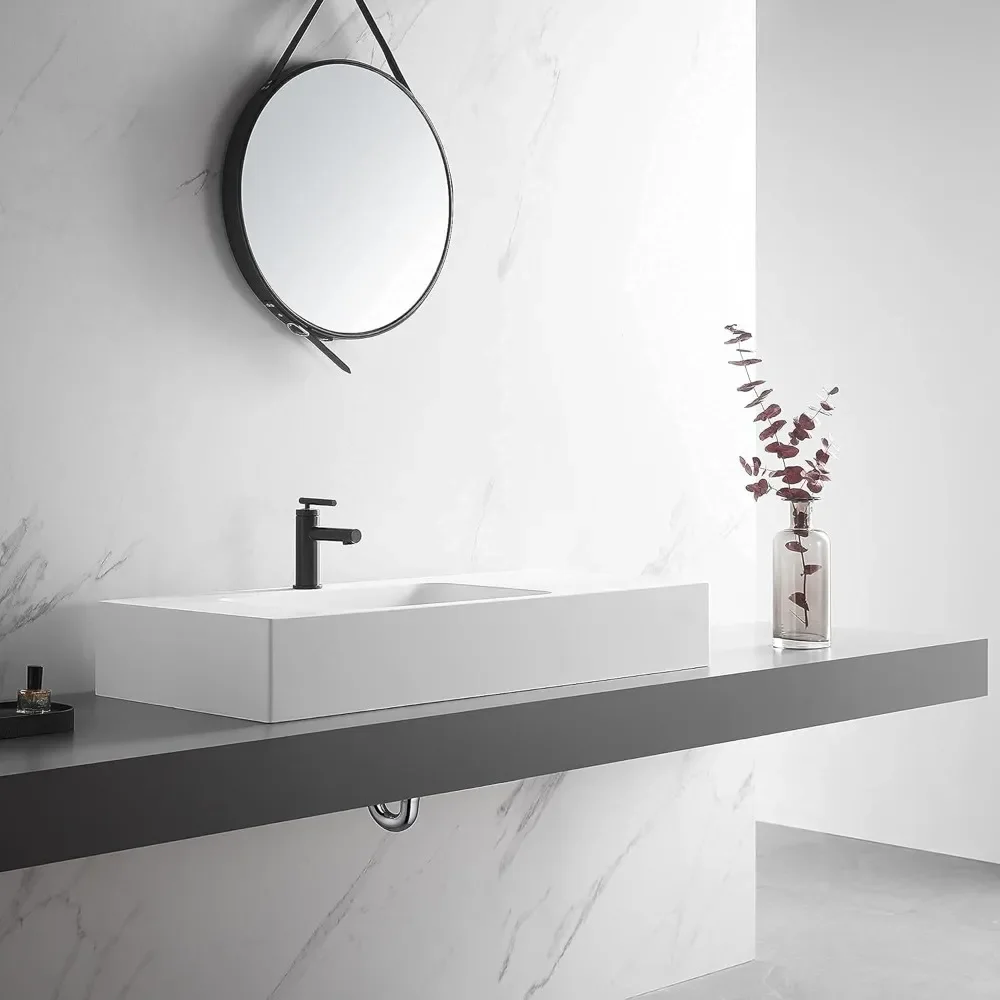 Bathroom Sink, Wall-Mount or On Countertop, 40" with Square Sink and Flat Space, Single Faucet Hole, Solid Surface 5