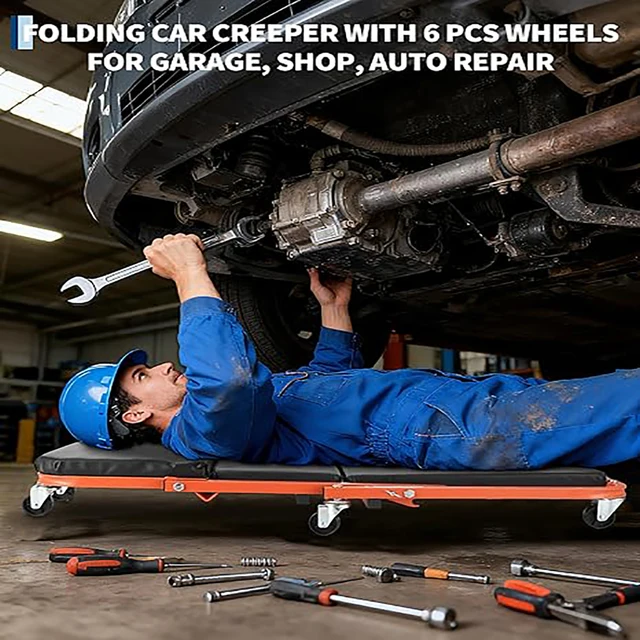 2-in-1 Foldable Garage Creeper Shop Seat, 300LBS Capacity Automotive Mechanic Repair Under Car Rolling Creeper Seat