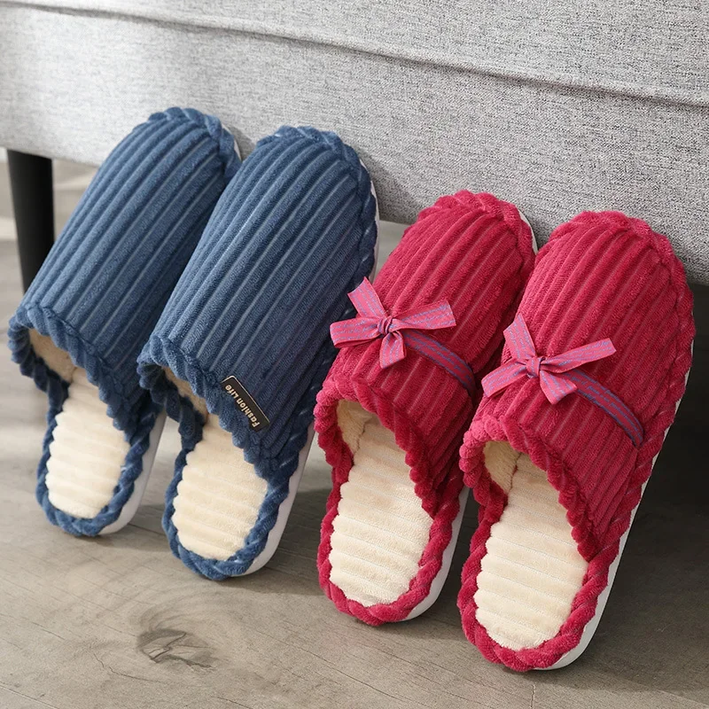 

Autumn Winter Home Cotton Slippers Indoor Warm Corduroy Soft Sole Floor Shoes Slides Non-slip Couple Bowknot Sandals