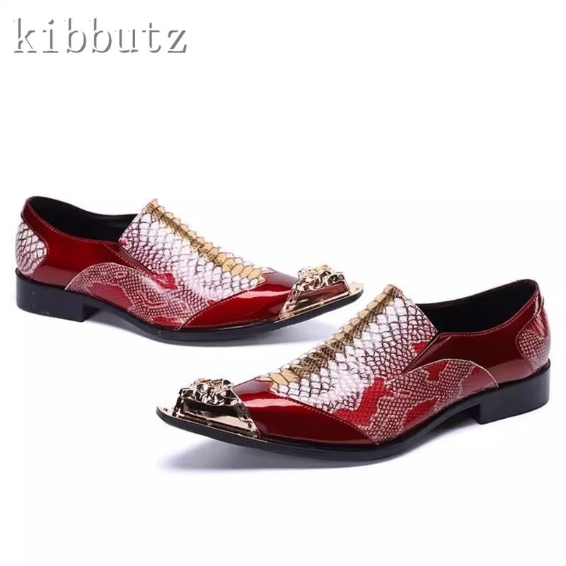 Man Formal Genuine Leather Dress Shoes Luxury Design Metal Pointed Toe Slip On Business Party and Wedding Oxford Shoes 6