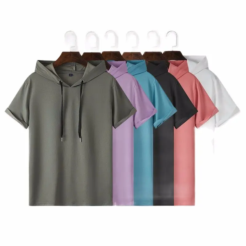 

Men's Short Sleeve Hooded T-shirt Loose Clothes Solid Men's Hoodie 2022