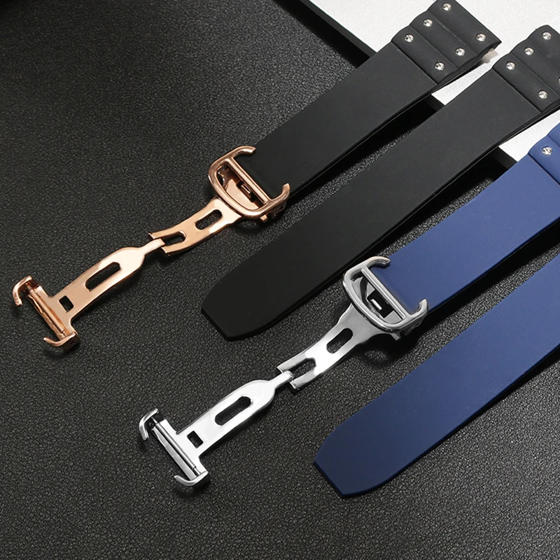 Premium Waterproof Silicone Watchband - Black & Blue with Folding Buckle, 21mm