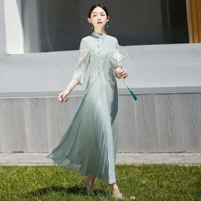 

Chinese Embroidered Cheongsam Dress Oriental Modified New Hanfu Zen Tea Dress Summer Dress Women Ao Dai Clothing Oriental Dress