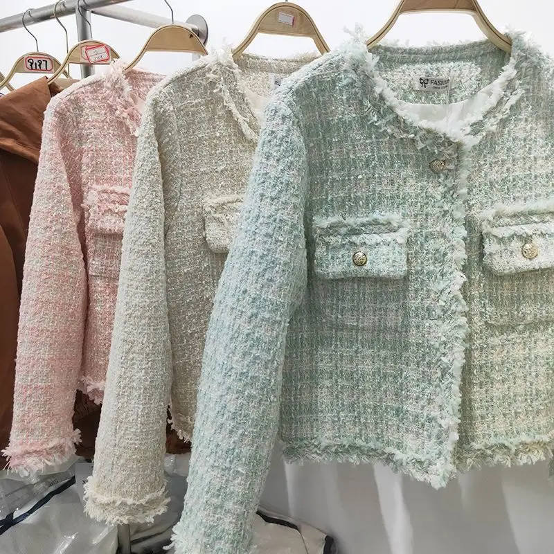 

Korean Fashion Chic Vintage Tweed Woolen Jacket Women Elegant Autumn Single Breasted Plaid Tassel Coat Office Lady Outwear 2023