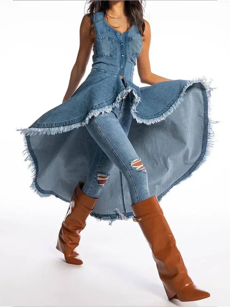 

Summer Casual Denim Dress for Women Sleeveless Strap Raw Edge Denim Dress Elegant Retro High Low Midi Tank Dress Vestidos