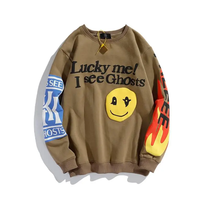 

2023 Multiple Styles Retro Smiley Flame Print Round Neck Sweatshirts Men and Women Plus Velvet Streetwear Fleece Hoodie Pullover