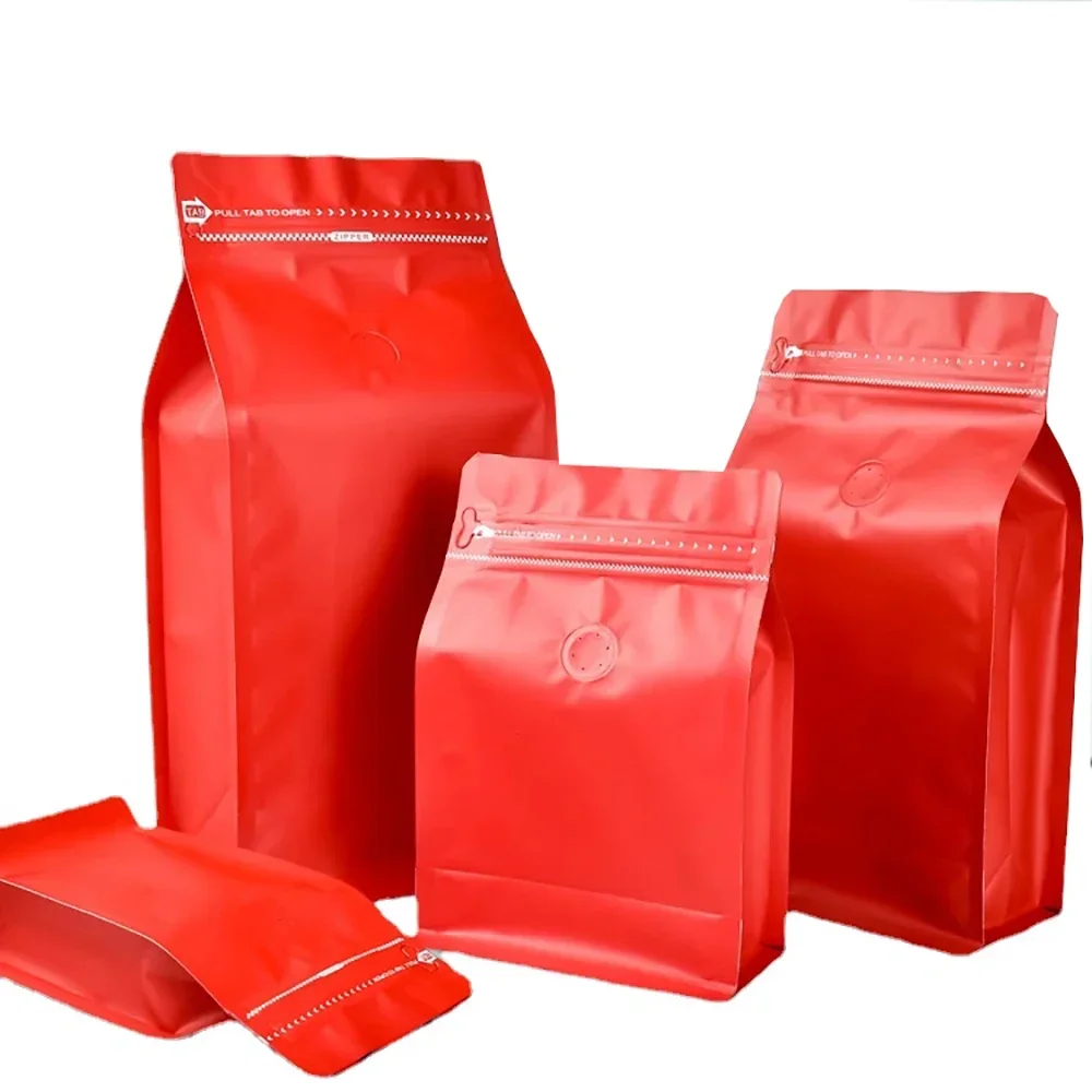 

50pcs Matte Red Square Bottom 250g 500g 1kg Coffee Cookie Food Aluminum Foil Flat Bottom Bags with Valve and Resealable Zipper
