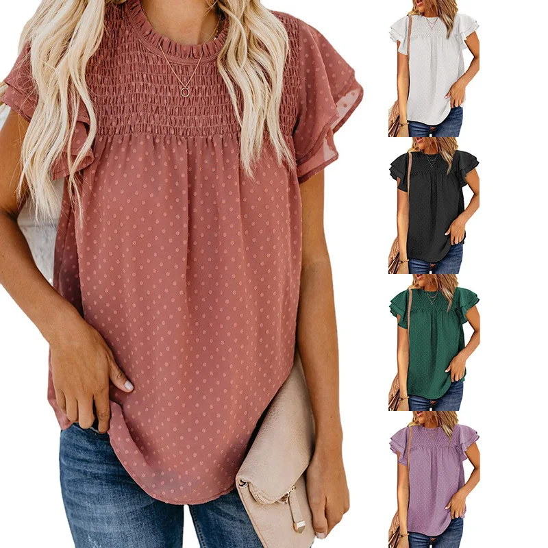 

Summer Plus Size Woman Tshirts Female Loose Round Neck Ruffle Short Sleeve Polka Dot Chiffon Tops Two Layers Blouse