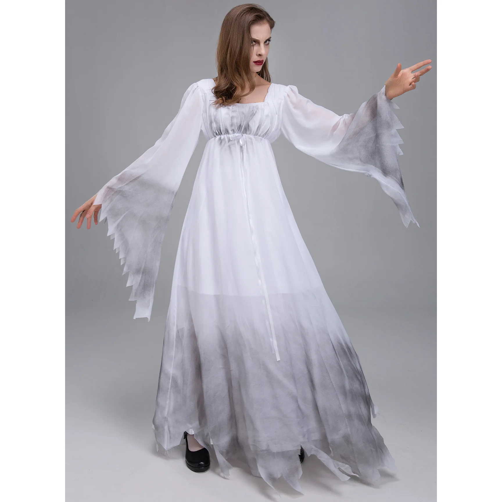 2 Pcs Halloween Women Gossamer Ghost Bride Costume Dress Bridal Veil White Gothic Victorian Dead Bride Costume for Cosplay