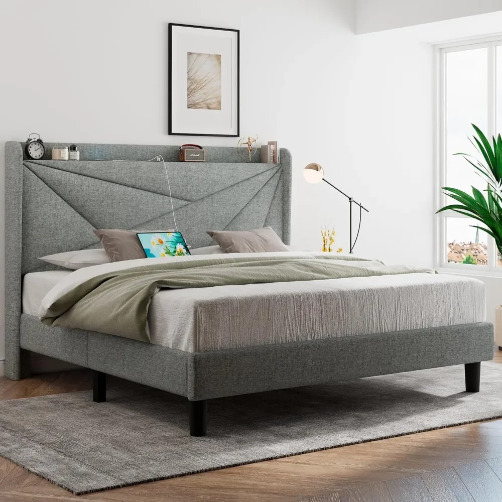 

Upholstery with Type-C and USB Ports, Headboard with Wingback Storage, Noiseless, No Springs, Light Grey