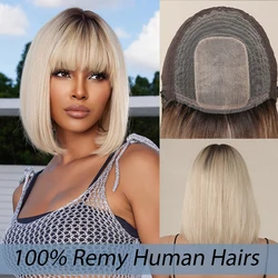 Bob Platinum Blonde Remy Human Hairs for Black Women Natural Straight Short Wigs with Bangs Heat Resistant Human Hair Wig Afro
