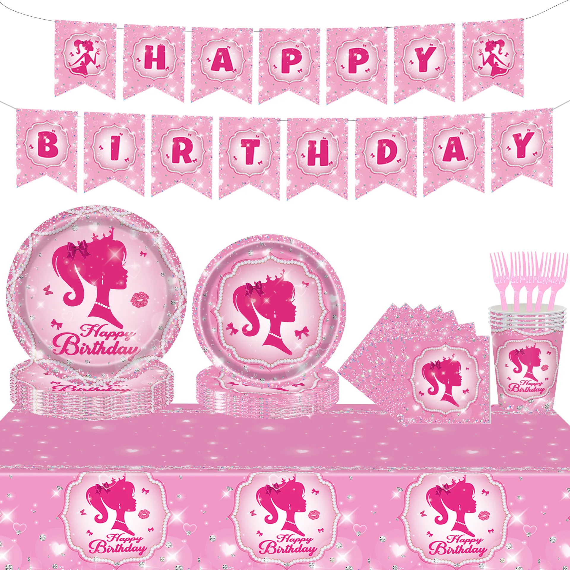 Barbi Pink Disposable Tableware for Girl, Rose Diamond, Birthday Party Decoration Supplies, Cups, Plates, Balloons, Stickers
