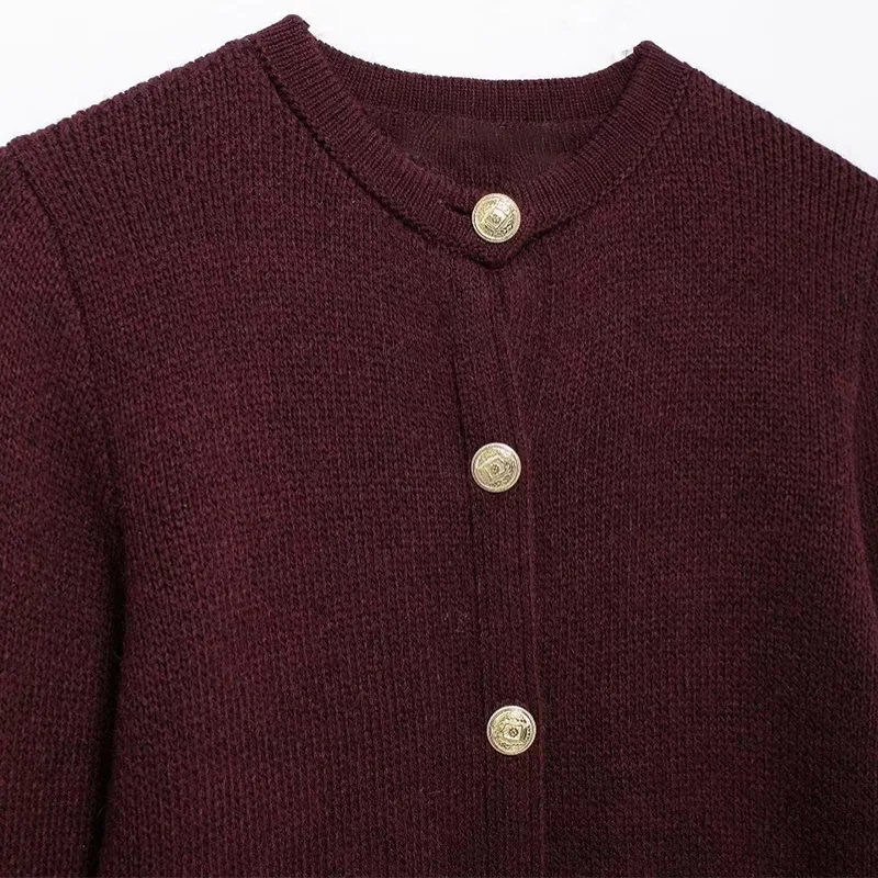 Autumn Knit Burgundy Women's Cardigans O-neck Single-breasted Long Sleeve Pocket Top Autumn Winter Lady All-match Knitwear