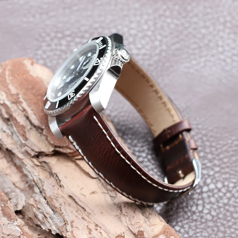 20MM 22MM Red Brown Deep Coffee Cow Leather Half Arched Top Layer Cowhide Watch Strap
