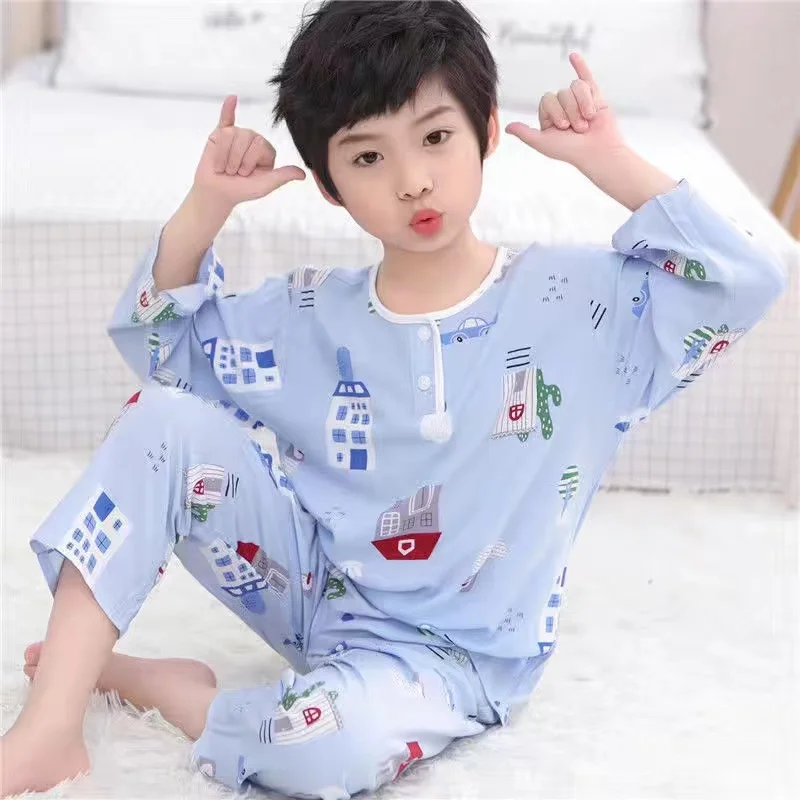 Summer Children's Cotton Silk pajamas Boys And Girls Home Clothes Baby Long-sleeved + Trousers Two-piece Kid's Brethable Suit cute pajama sets	