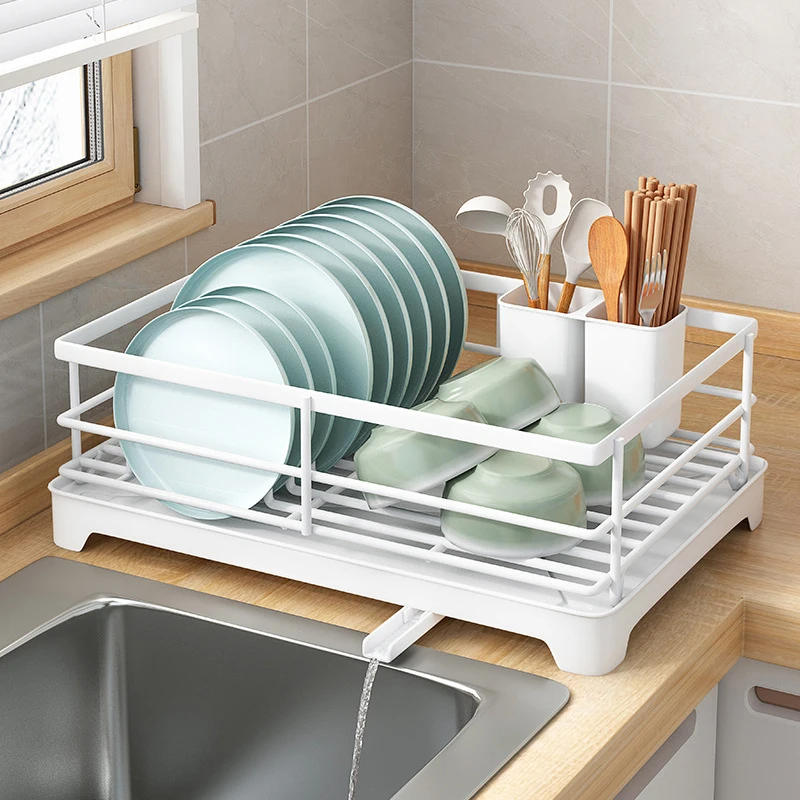 SNTD Dish Drying Rack, Collapsible 2-Tier Large Dish Rack for Kitchen  Counter, Auto-Drain Dish Drainer with Drainboard Utensil Knife Holder  (White)