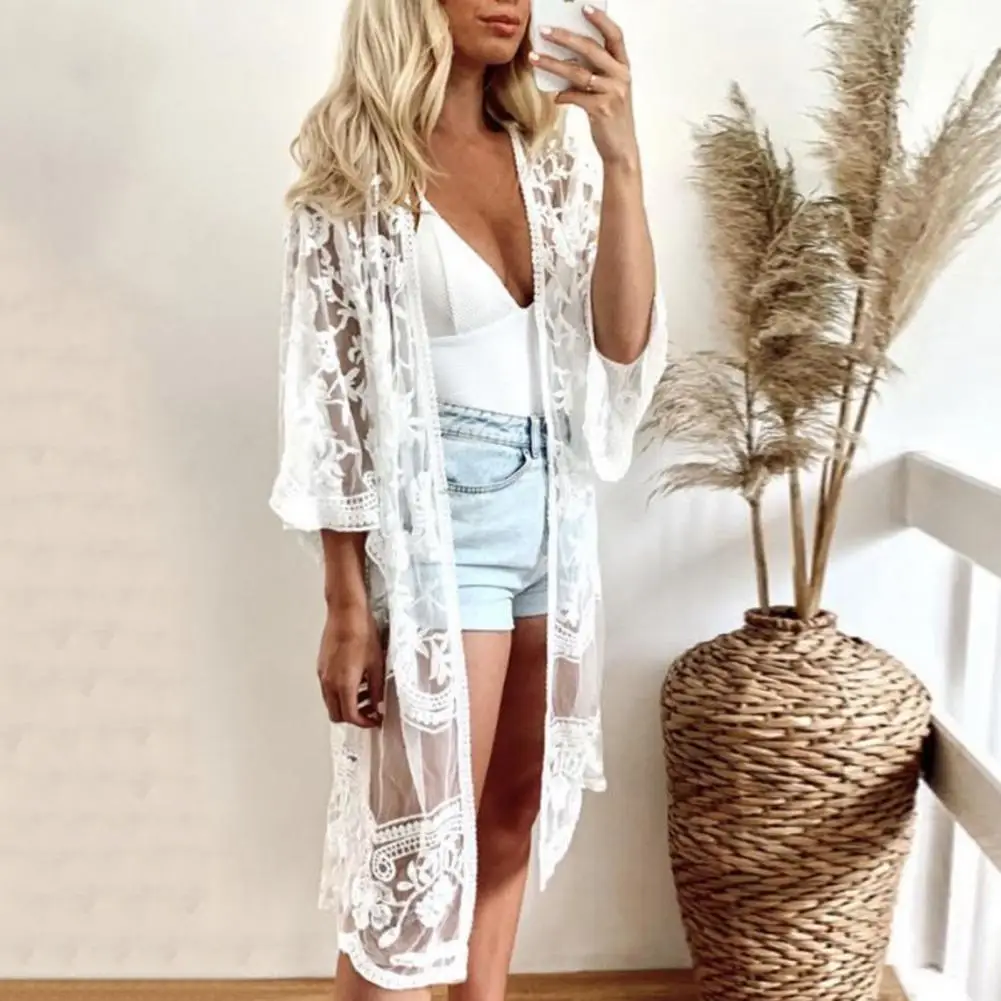 

Sun Protection Cardigan Stylish Lace Embroidered Women's Cardigan Sheer Chic Versatile Outerwear for Beach Vacations Everyday