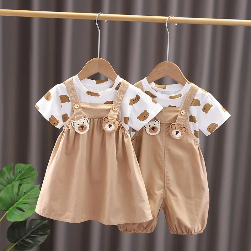

2023 Infant Suits Baby Bear Print Clothes Set for Boys Girls Casual Short Sleeve Outfits 2Pcs Kids Summer Overalls Cute Clothes