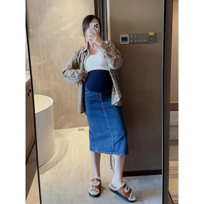 Maternity Denim Skirts High Waist Back Split A-Line Ankle-length