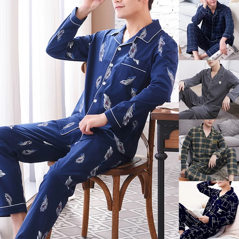 New Men's Pajama Sets spring summer Man Pajamas Set Simple Sleepwear long Sleeve Cotton Pajamas For Men Top Pant Leisure Outwear mens silk pajamas