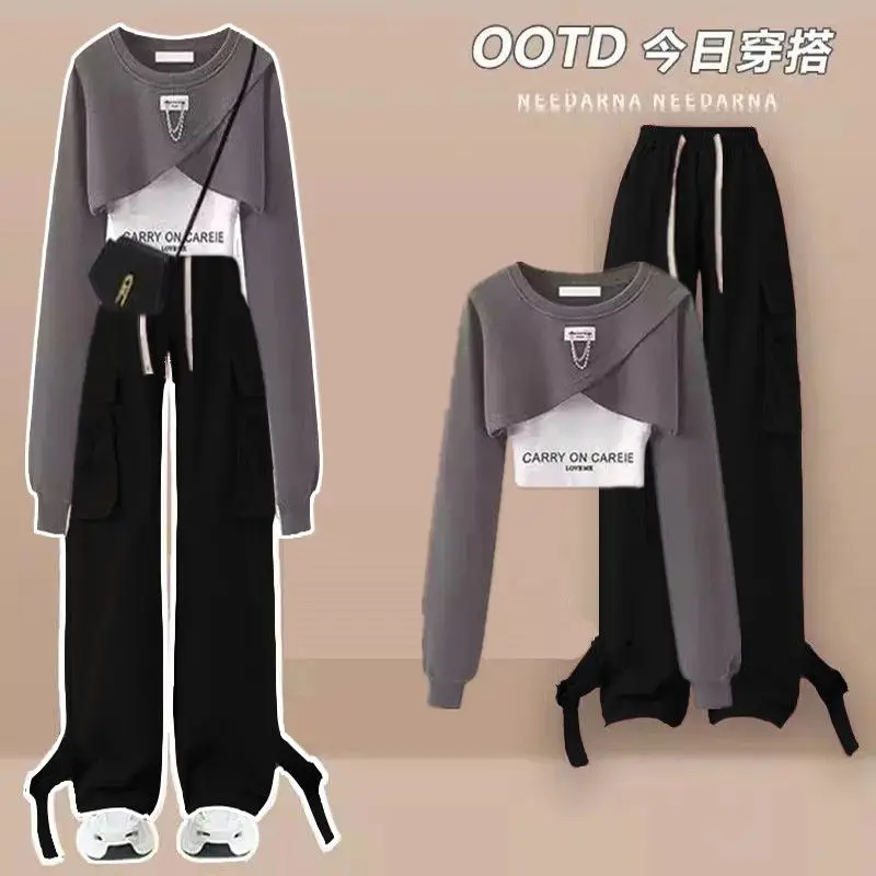 Spring and Autumn Work Style Set for Women's Korean Loose Design Top+suspender+Work Wide Leg Pants Three Piece Set