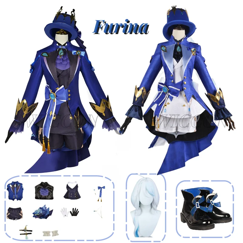 

Game Genshin Impact Fontaine Furina Focalors Cosplay Costume Genshin Black Furina Cosplay Costume Dress Hat Uniform Focalors Wig