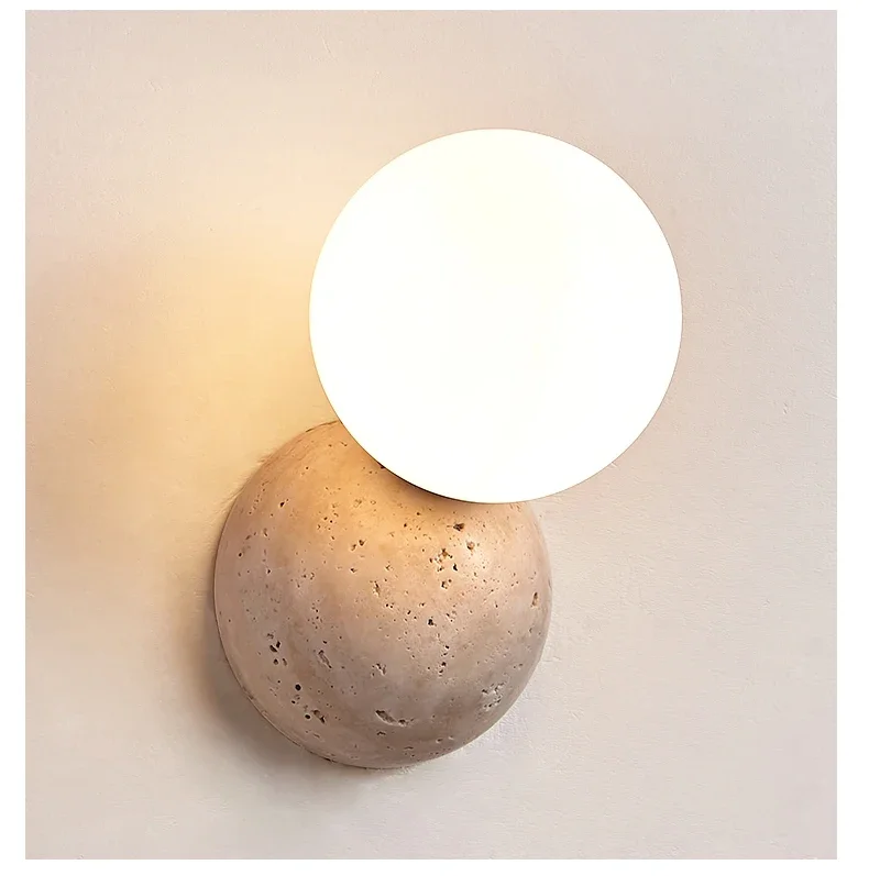 Cream Style LED Wall Lamp Round Cave Stone Bedside Light Image 3