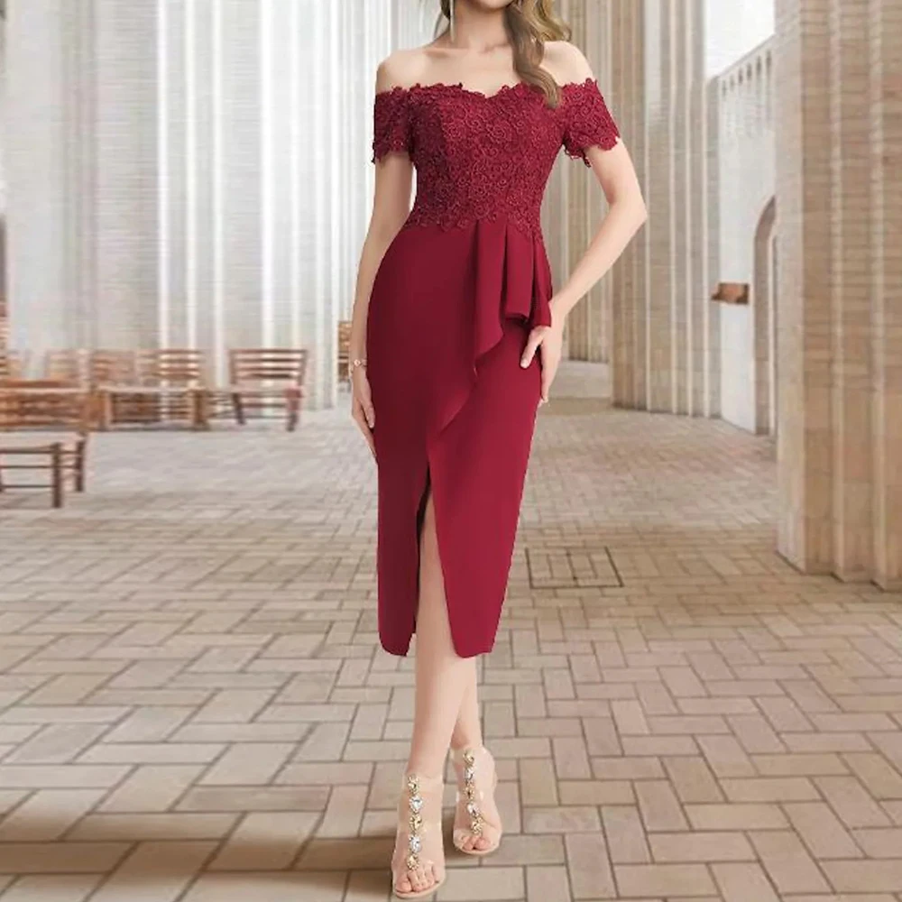 

Red Mother of the Bride Dresses 2023 Off-Shoulder Sheath Wedding Guest Gowns Tea-Length Elegant Dress Women For Wedding Party