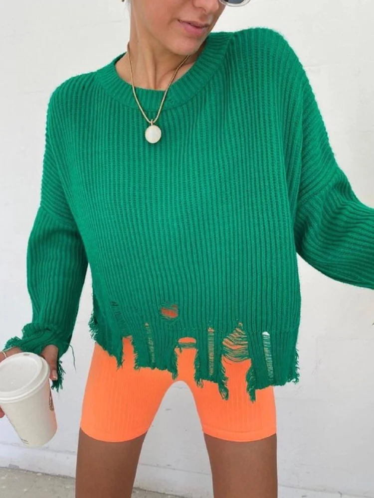 KnitSweaterWomenTasselPulloverLadiesRoundNeckRippedHoleHem