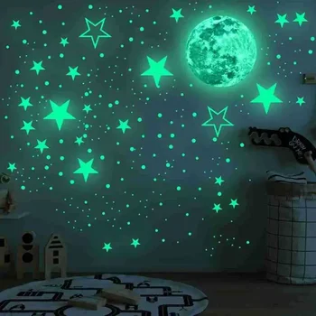 New Luminous Moon Starry Sky Wall Stickers Fluorescent Green Self-adhesive Paper Room Decoration Materials