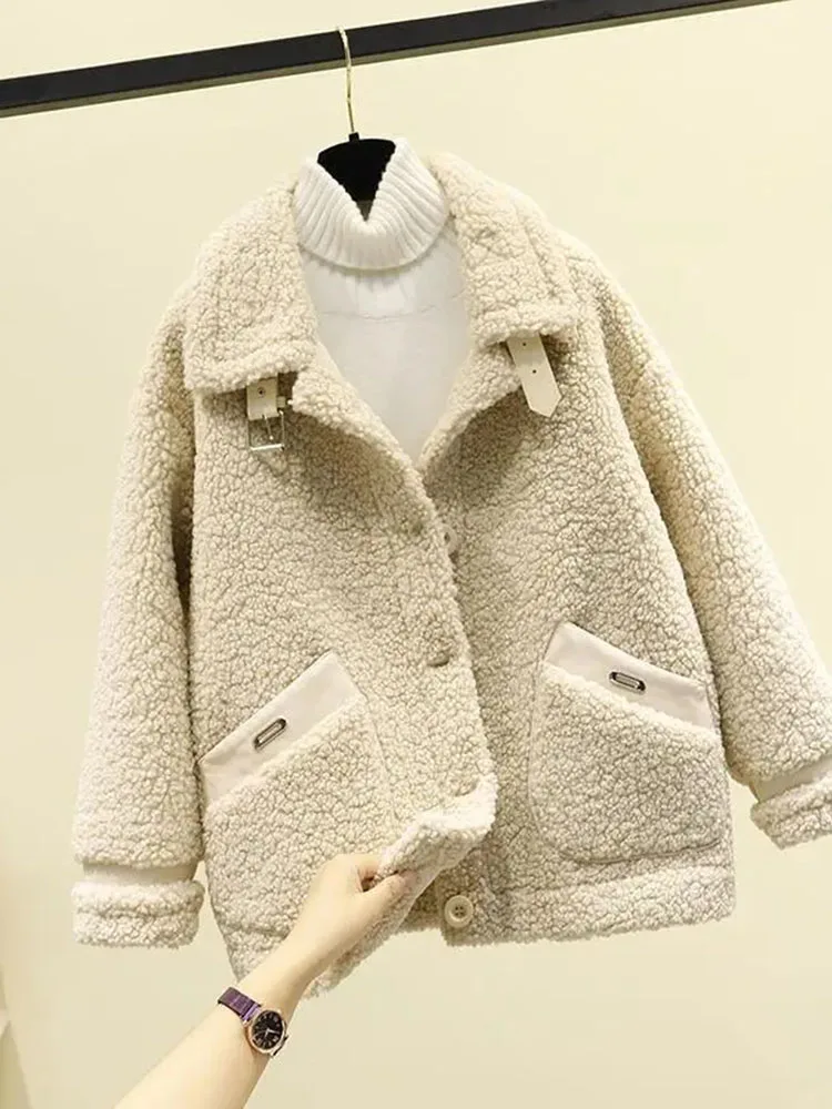 

Jackets For Women 2022 Winter Women's Lamb Plush Thicken Warm Coats Long Sleeve Pocket Loose Casual All-match Fur In One Jacket