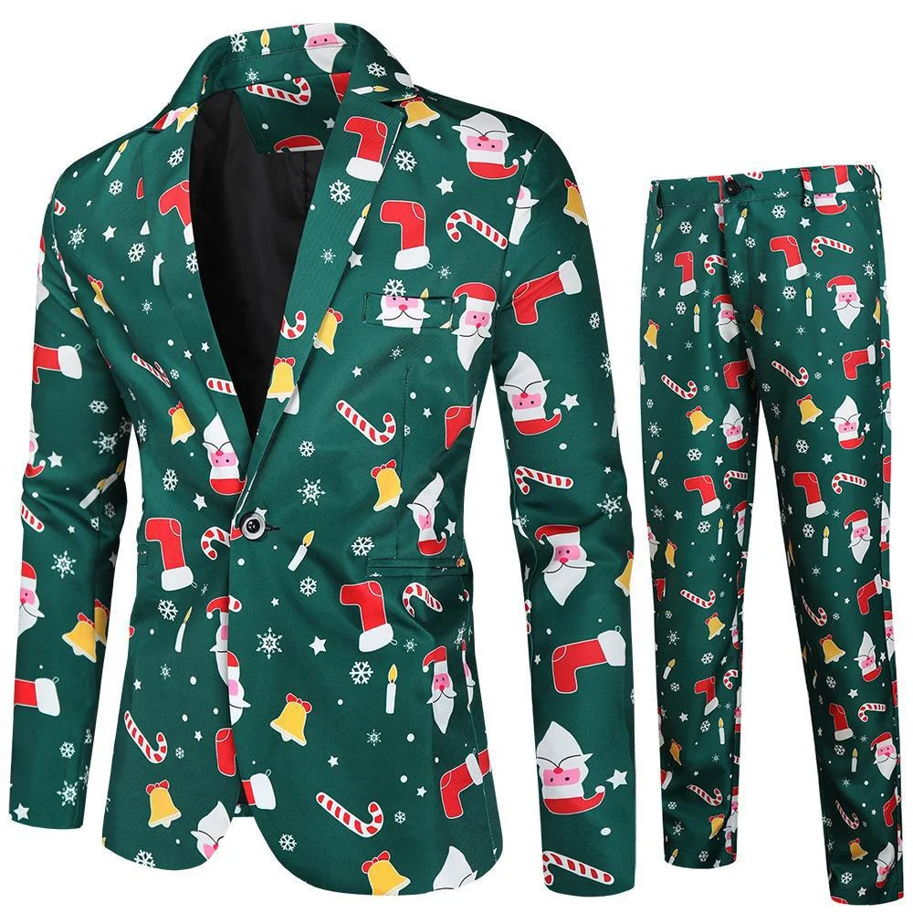 thumbnail image 2 of Gorro navideño de anime para hombre, chaqueta azul y roja, divertido árbol de Navidad, muñeco de nieve, estampado, blazer de un botón, frente abierto, trajes de trabajo de oficina para negocios, 2 of 5