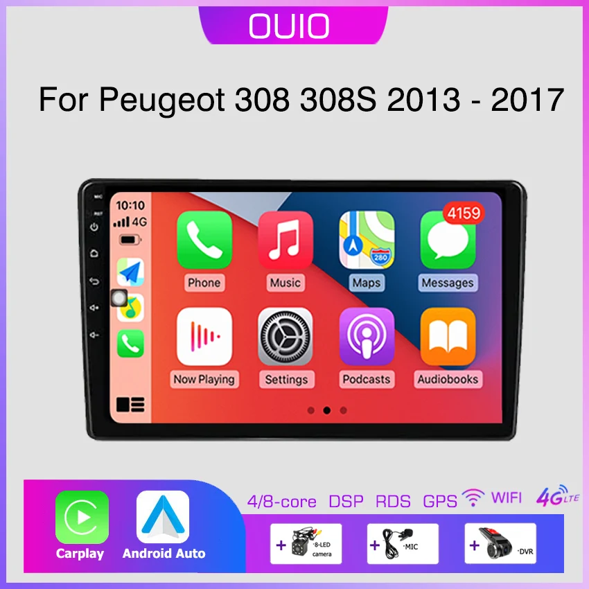 8GB + 128GB 4G Android 13 Radio dla Peugeot 308 T9 308S 2013 - 2017 samochodowe stereo odtwarzacz multimedialny Carplay Auto GPS nawigacja 2DIN