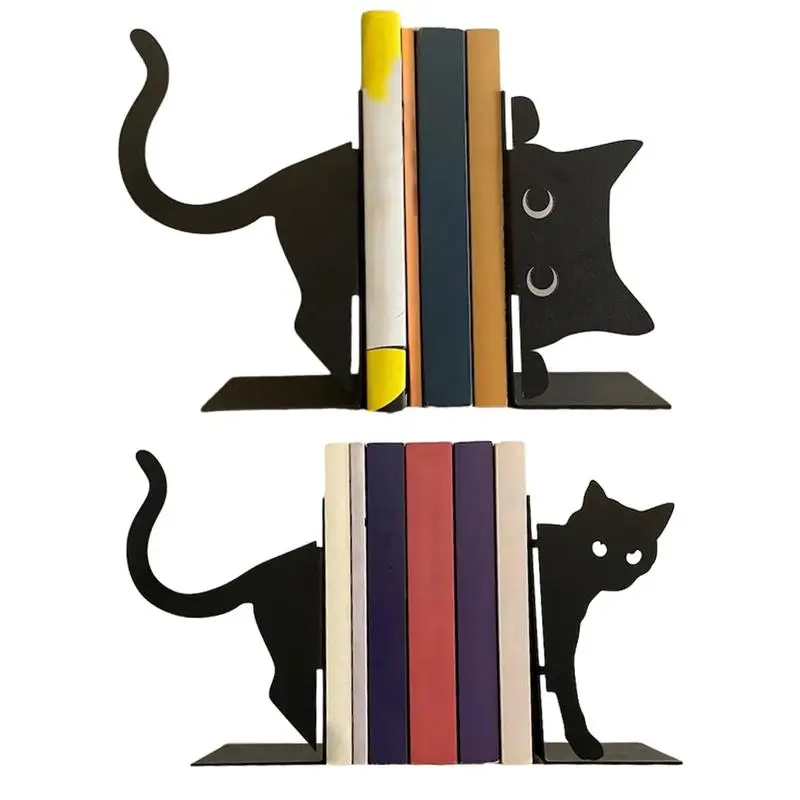 Sujetalibros De Metal Con Diseño De Gato Negro - Par De 2, 15x4x18 Cm, Decoración Para Estantería O Escritorio