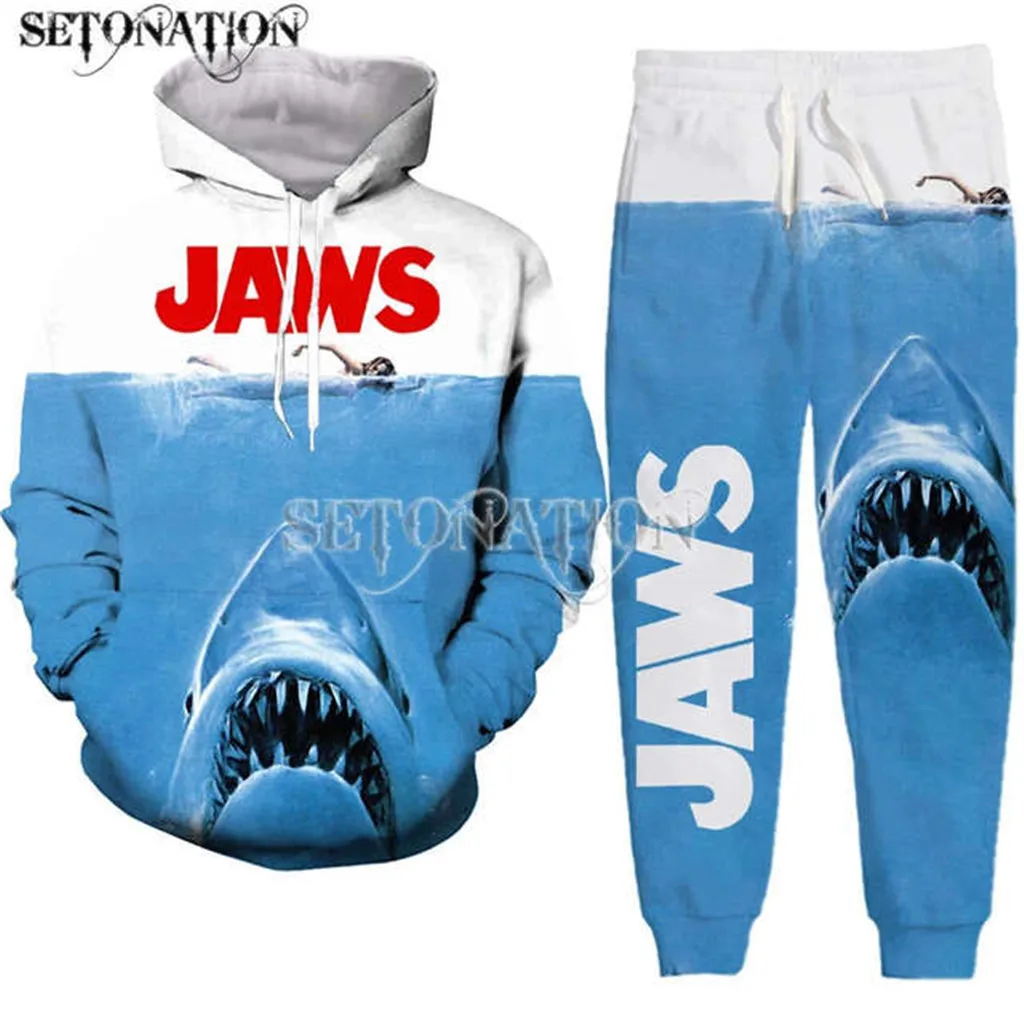 Jaws-Sweats à capuche College en 3D pour hommes et femmes, chemise de protection, pantalon, survêtement, film, cool, nouvelle mode, livraison directe