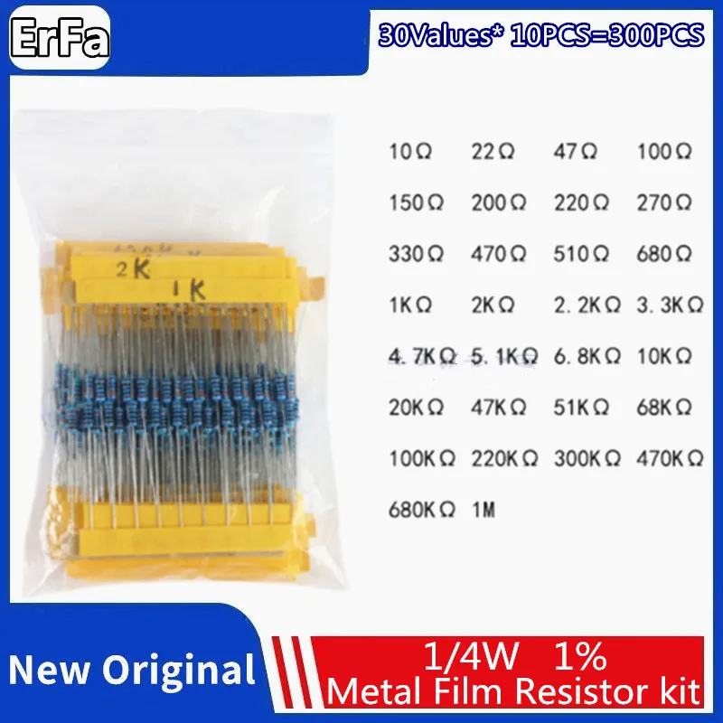 300PCS/LOT 1/4W Metal Film Resistor Kit 1% Resistor Assorted Kit Set 10R -1M Ohm Resistance Pack 30 Values each 10 pcs 600 pcs 30 values 20pcs each value metal film resistor pack 1 4w 1% resistor assorted kit set