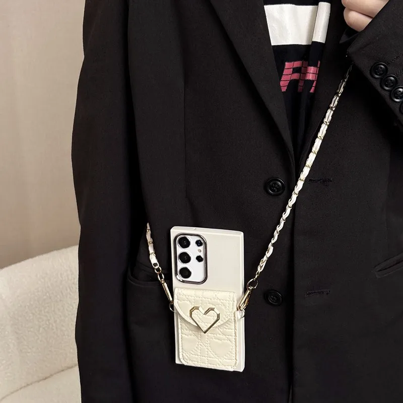 Elegant Heart Leather Wallet Phone Case with Chain Lanyard - Versatile Soft Cover