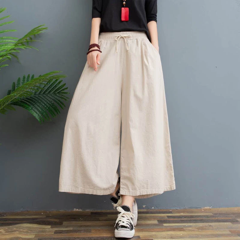 Women Summer Pants New Solid Casual Loose Elastic Waist Cotton Trousers Dress Wide Leg Palazzo Pants for Women Bottoms 4-5XL