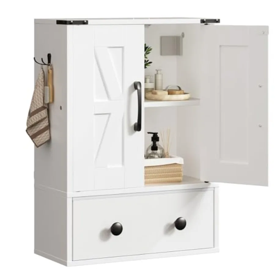 Bathroom Wall Cabinet Medicine Cabinet with Fabric Drawer Double-Door Wall Mounted Storage Cabinet 2 Hooks Over The Toilet Spac
