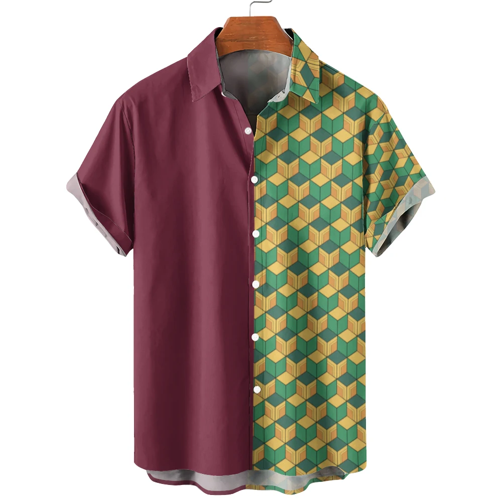 

Men's Casual Fit Button Collar Shirt, Two Tone Shirt Fashion Floral Argyle 3D Print Pattern Men's Hawaiian Short Sleeve Shirt