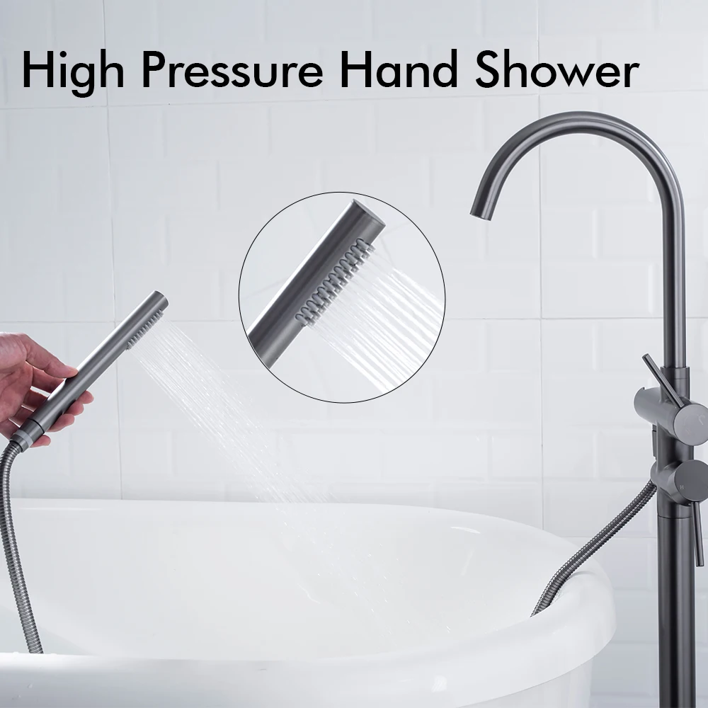 Brushed Gold Freestanding Bathtub Faucet 2 Handle Diverter Shower Faucet Floor Mounted Mixer 2 Functions Hot And Cold Tap 5