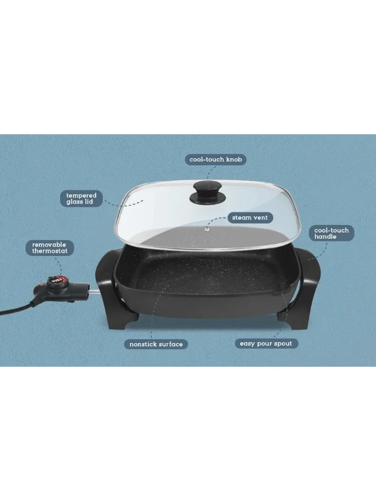 Non-stick Electric Skillet with Glass Vented Lid10.5Qt. Scratch Resistant, Dishwasher Safe, Adjustable Temperature, Black 2
