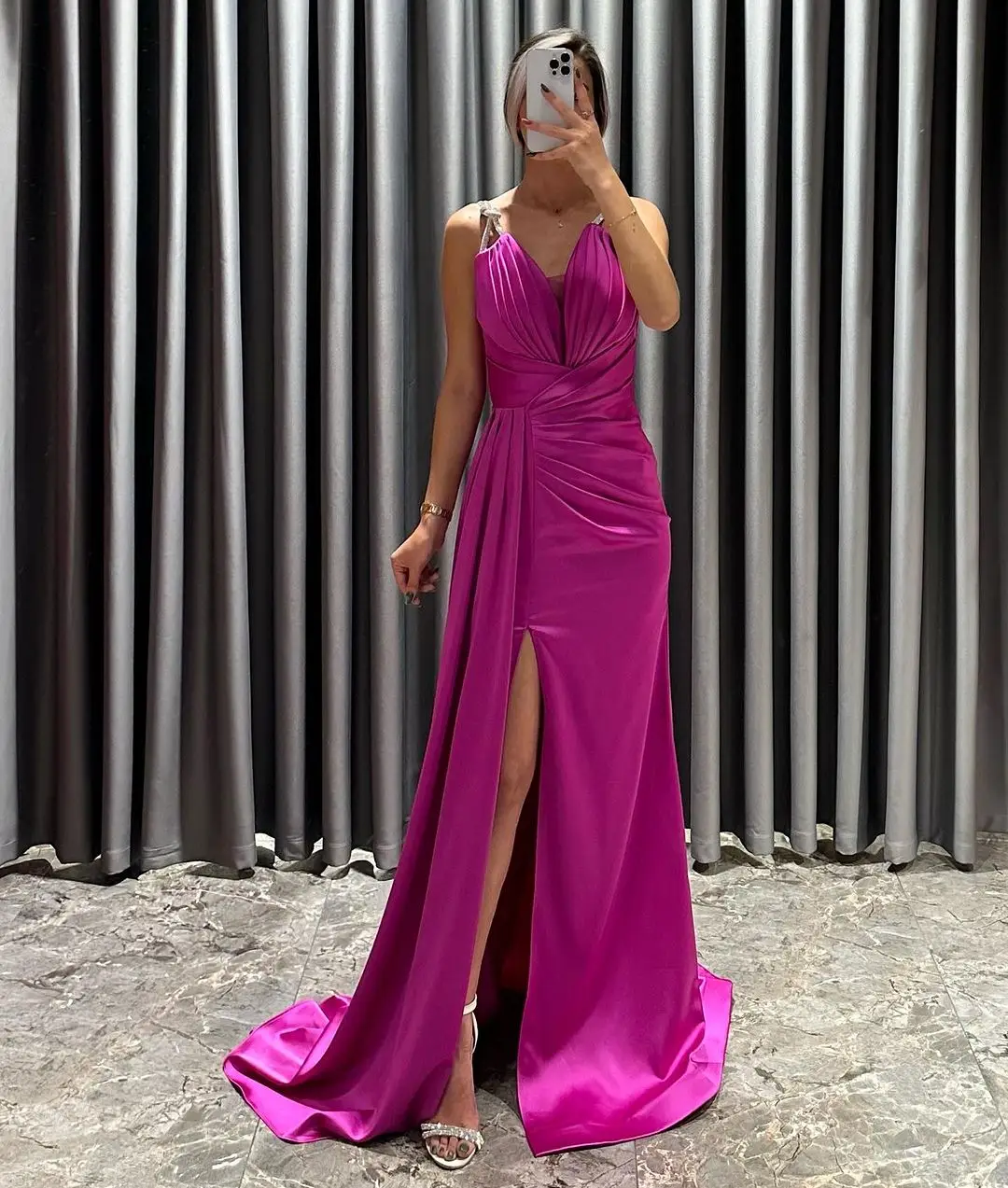 

Sapmae V-neck Ruffle Vent Sheath Court Train Zipper Up Sleeveless Pink Elegant Prom Formal Evenning Party Dress For Women