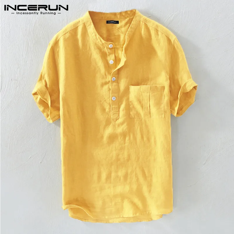 Summer casual men shirts stand collar solid cotton short sleeve streetwear