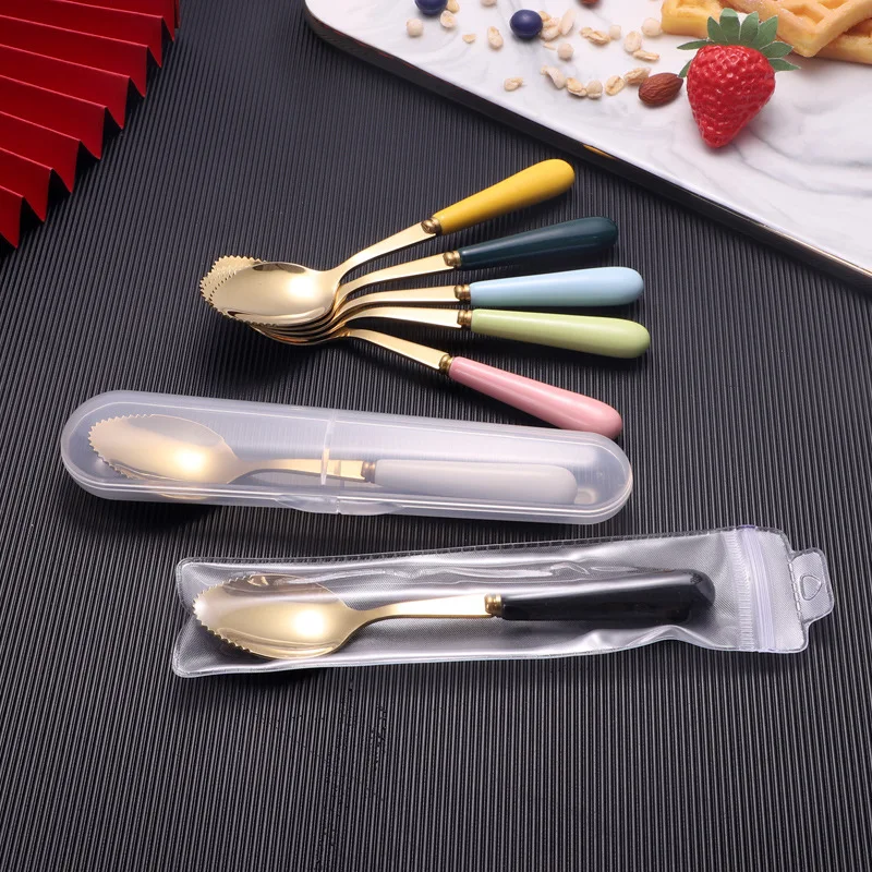 

6 Pieces of Stainless Steel Plated Tableware with Ceramic Handle for Children Wooden Spoons Mini Spoon Plastic Honey Spoon