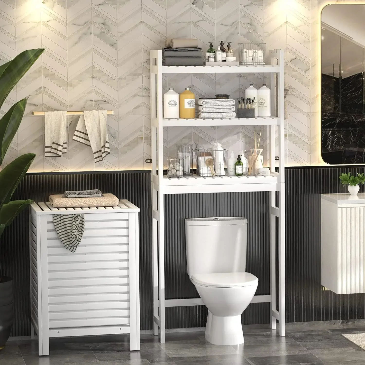 Bamboo 3-Tier Over-The-Toilet Space Saver Organizer Rack, Stable Freestanding Above Toilet Stand with 3 Hooks for Bathroom, 5