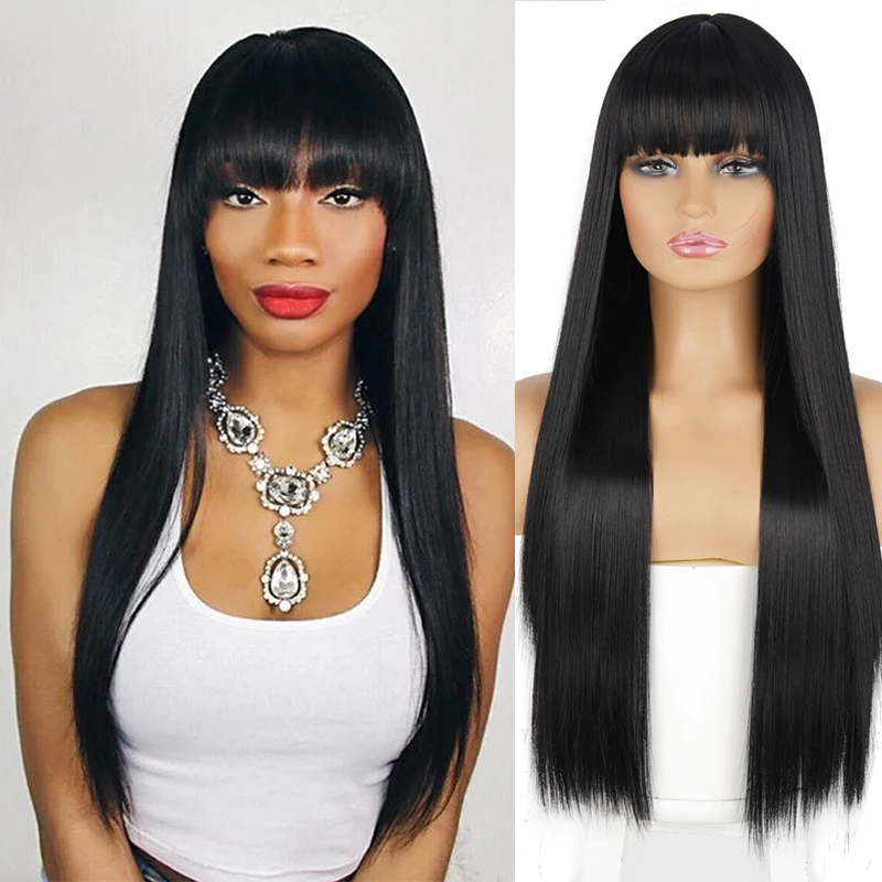 

Ombre Synthetic Wig with Bangs for Women Black Long Straight Cosplay Daily Use Wigs Heat Resistant Natural Hairline Hair Wig