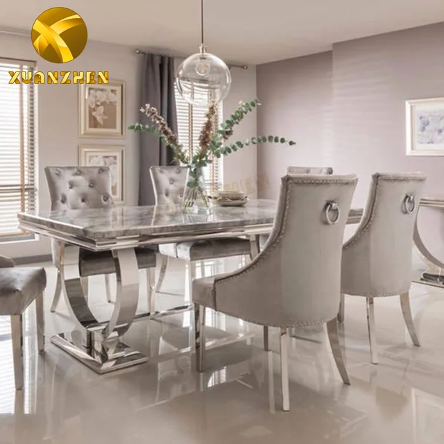 Metal Dining Room Set: Marble Table with 6 Chairs